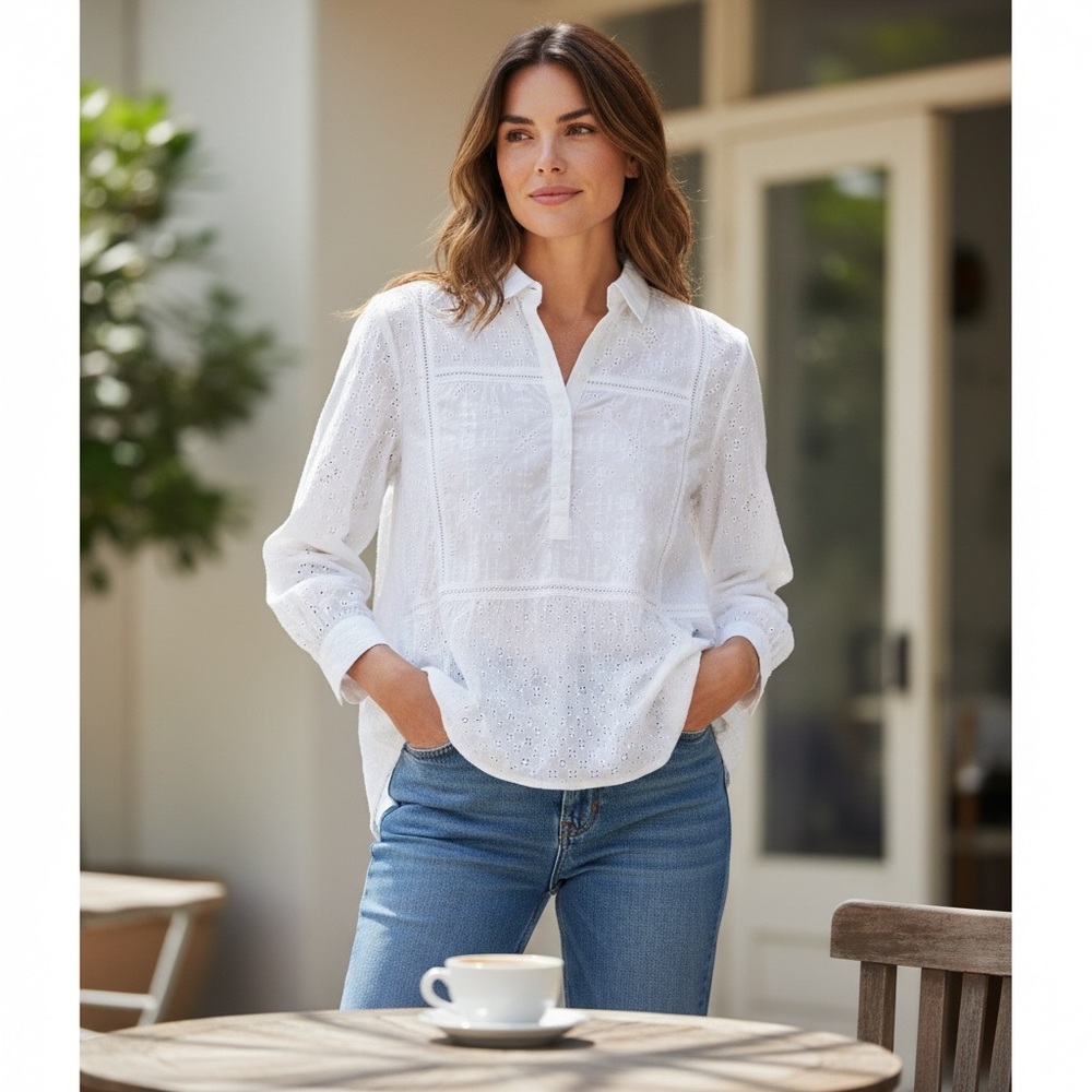 Sundance Women Medium White Eyelet Cottagecore Feminine Beach Blouse Shirt